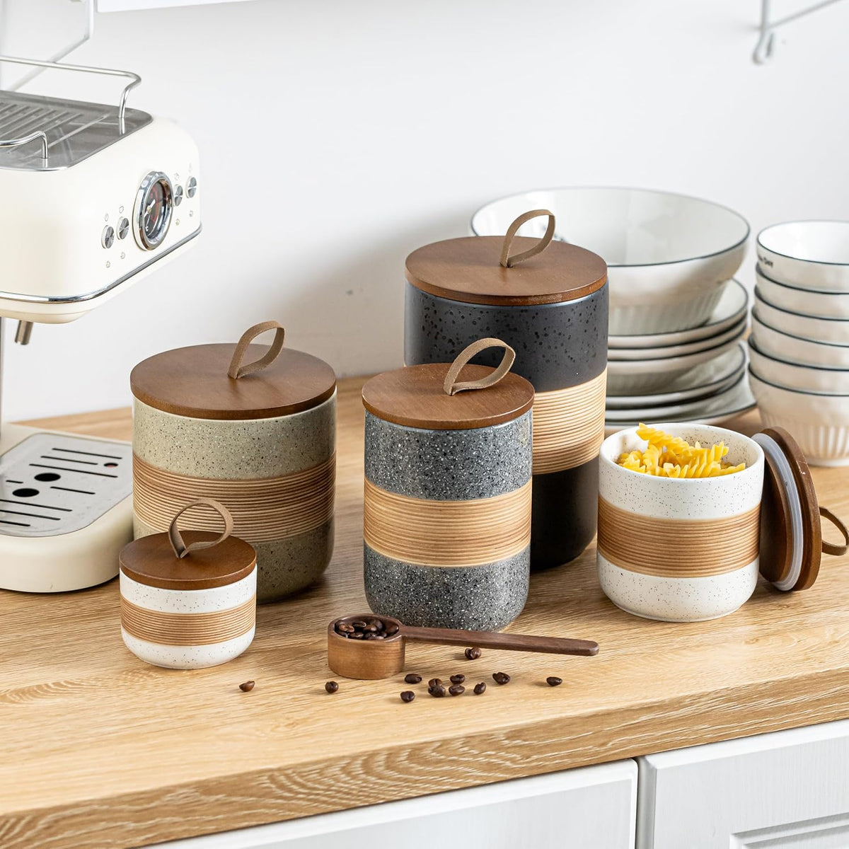 Coffee Container, Ceramic Coffee Jar with Wood Lid for Coffee Bar