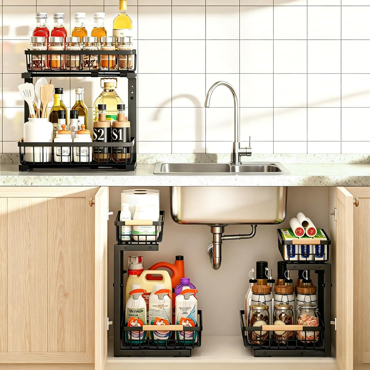 Under Sink Organizer, Adjustable 2 Tier Pull Out Kitchen Bathroom