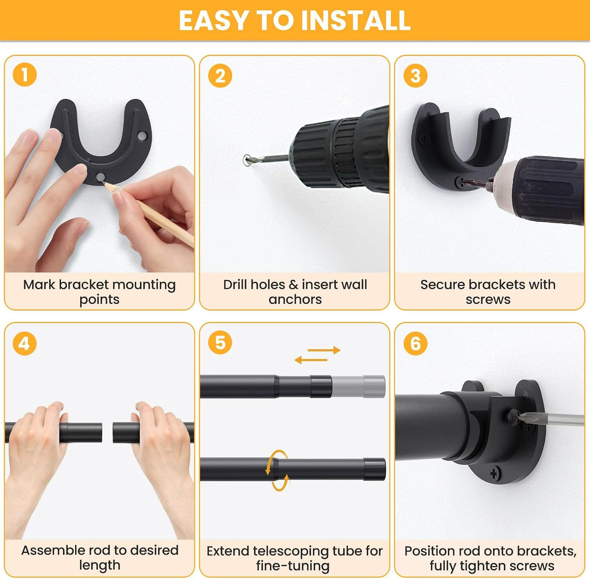 Closet Rods for Hanging Clothes, 17-53 Inch No-Cut Stepless Adjustable Closet Rod, 1.3 Inch Heavy Duty Metal Closet Hanging Rod with Brackets, Black Closet Bar for Closet, Laundry Room, RV, Wardrobes