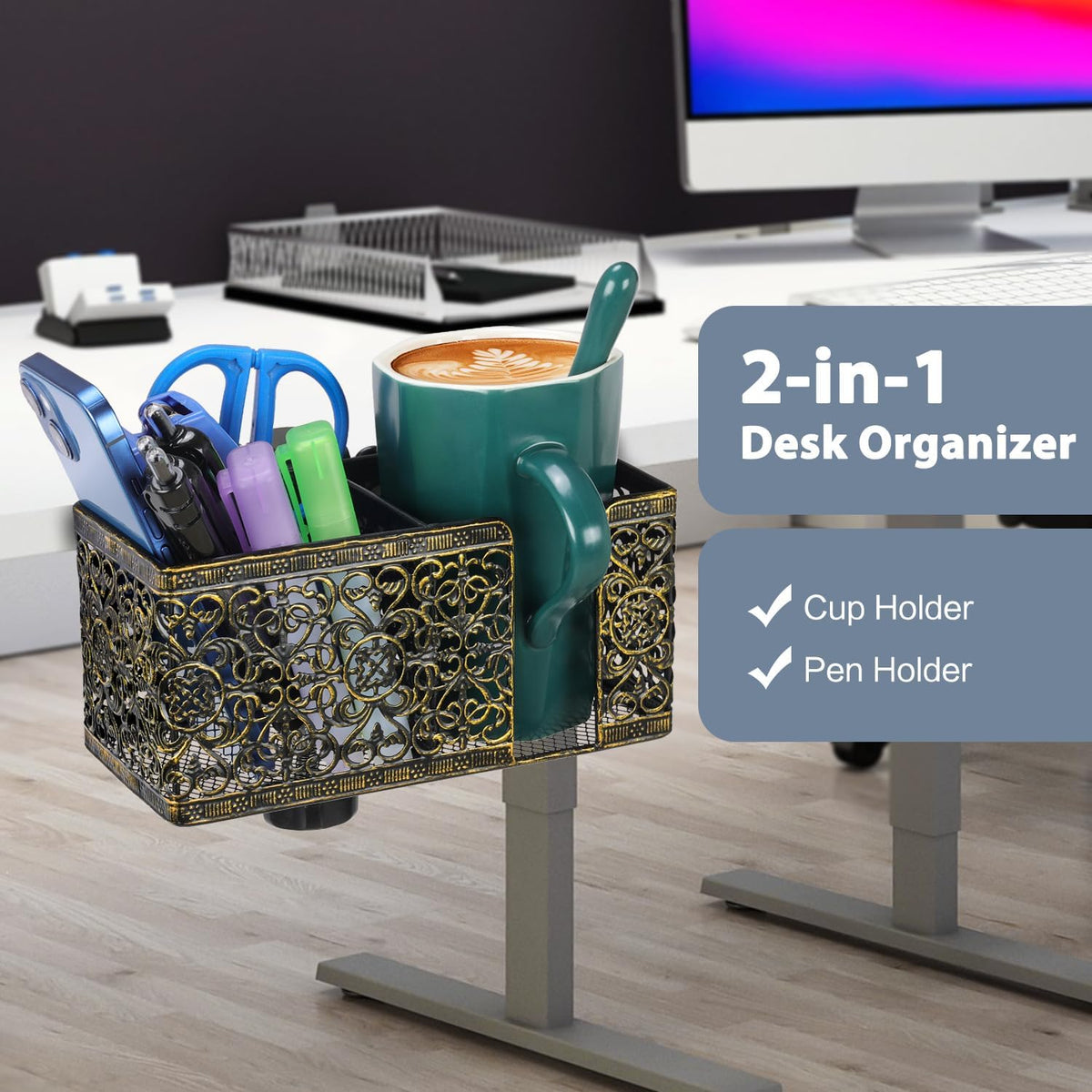 Under Desk Cup Holder, Clamp on Cup Holder Clip Desk Organizer Phone Stand