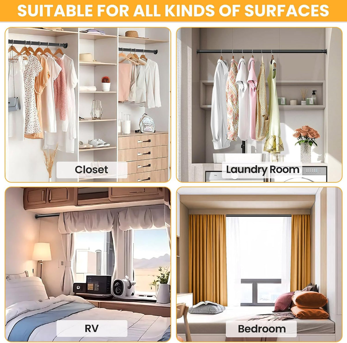Closet Rods for Hanging Clothes, 17-53 Inch No-Cut Stepless Adjustable Closet Rod, 1.3 Inch Heavy Duty Metal Closet Hanging Rod with Brackets, Black Closet Bar for Closet, Laundry Room, RV, Wardrobes