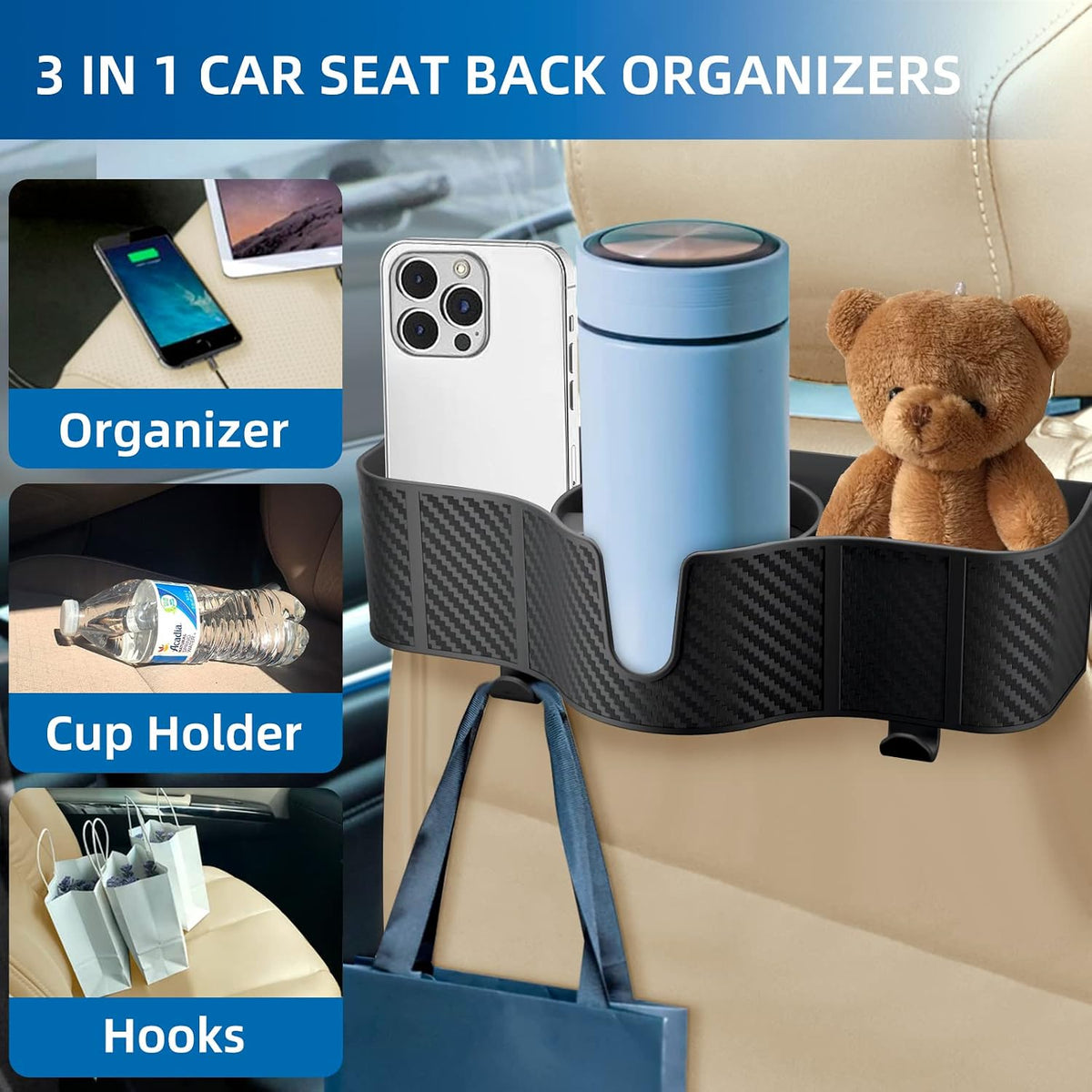 3-In-1 Car Headrest Organizer with 3.7" Cup Holder & Hooks-2Pc
