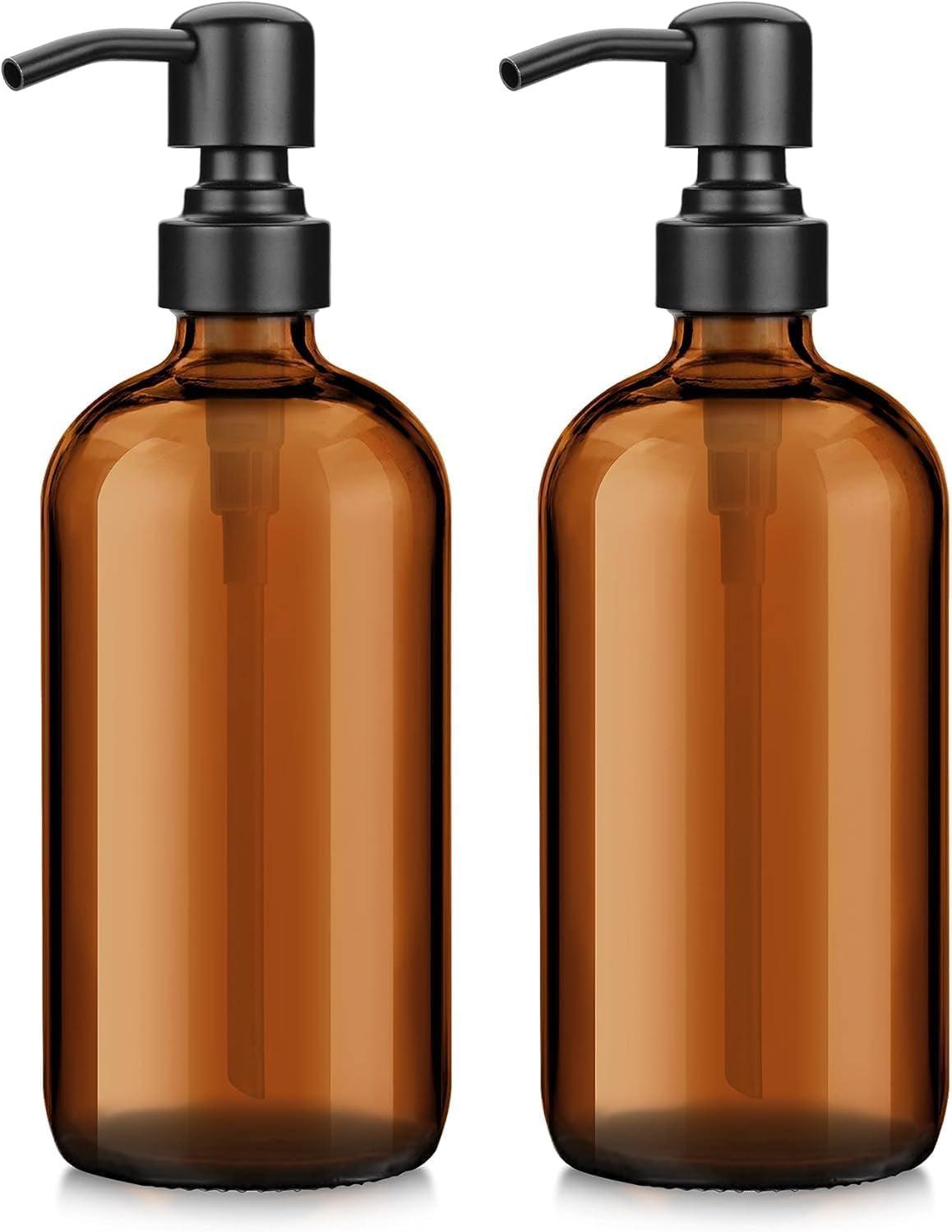 Amber Glass Soap Dispenser, 2 Pack Soap Dispenser Set with Stainless Steel Pump, Vintage Liquid Brown Soap Dispensers Bottle, 17 Oz Dish Soap and Hand Soap Dispensers for Bathroom Kitchen