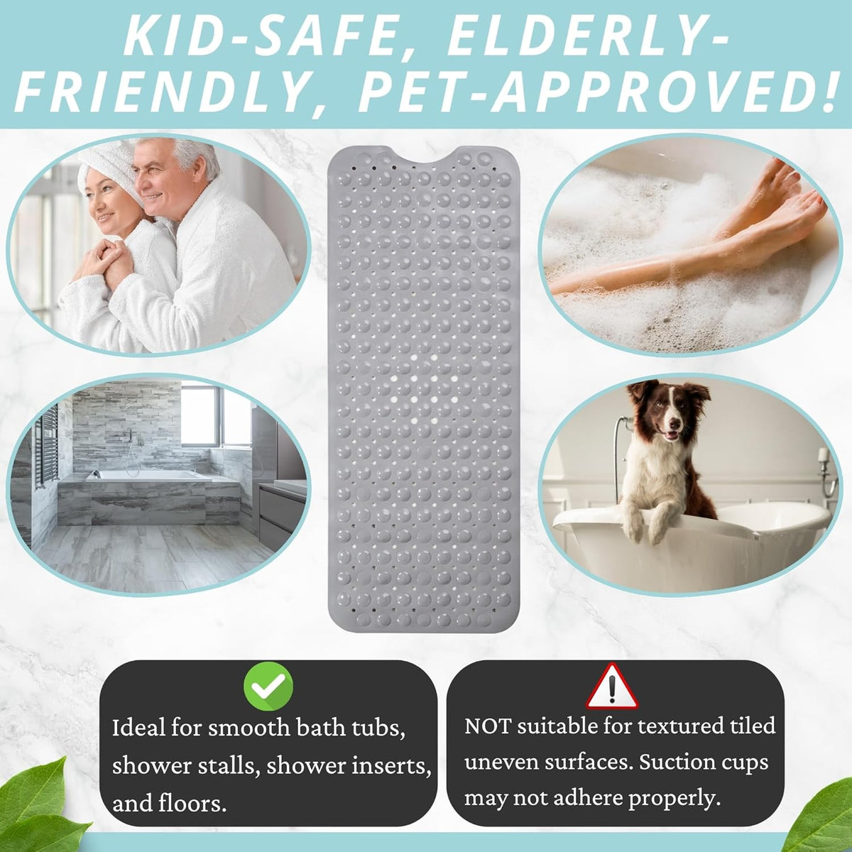 Non-Slip Bath Mat and Shower Mat 40X16 Extra Long, Gray