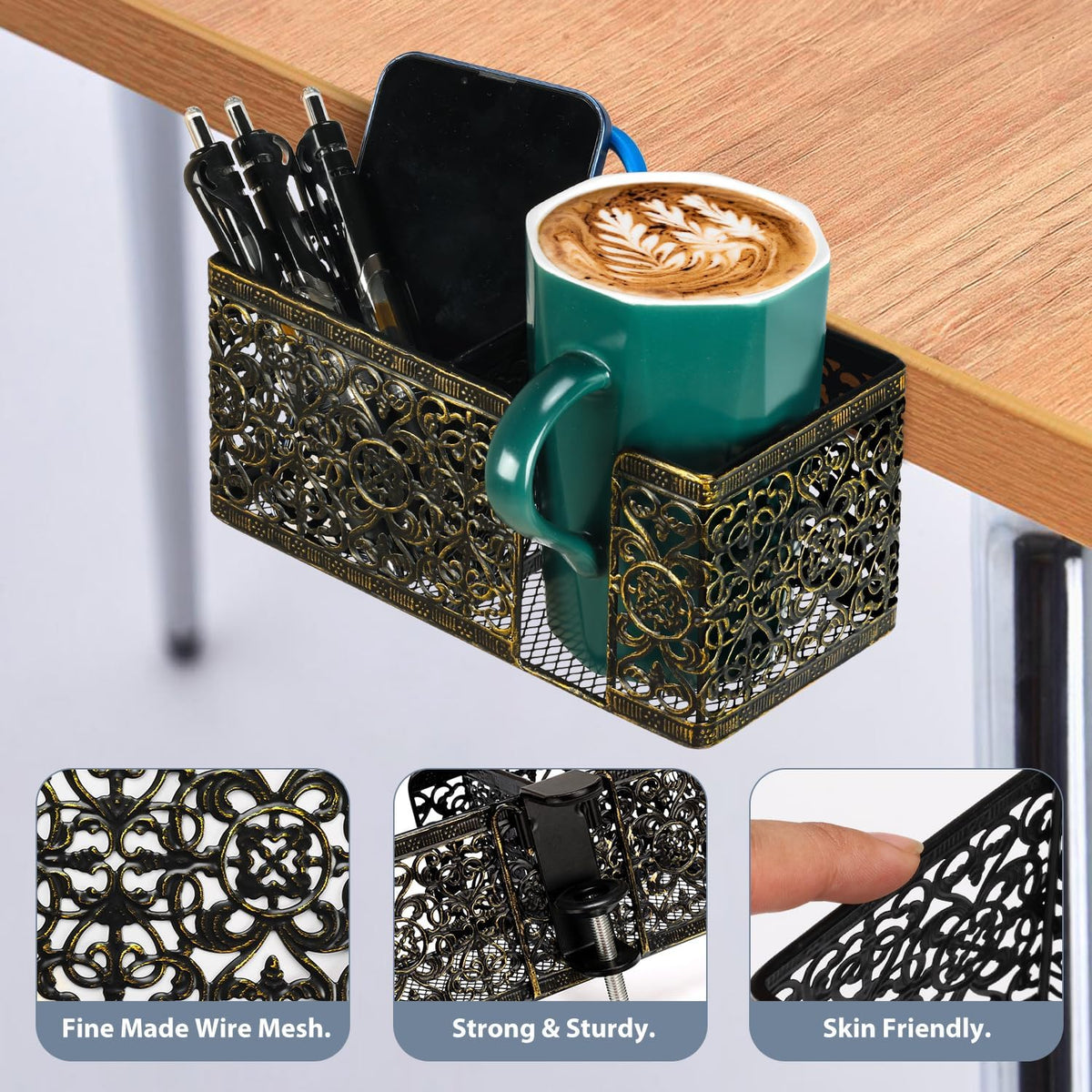 Under Desk Cup Holder, Clamp on Cup Holder Clip Desk Organizer Phone Stand
