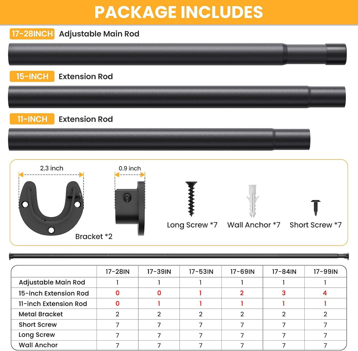 Closet Rods for Hanging Clothes, 17-53 Inch No-Cut Stepless Adjustable Closet Rod, 1.3 Inch Heavy Duty Metal Closet Hanging Rod with Brackets, Black Closet Bar for Closet, Laundry Room, RV, Wardrobes