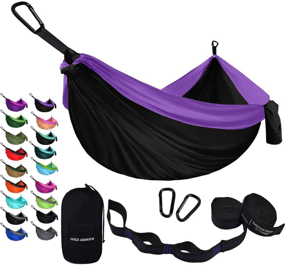 Camping Hammock - Portable Hammock Single Hammock Camping Accessories Gear for Outdoor Indoor Adult Kids, USA Based Brand (Black & Purple)