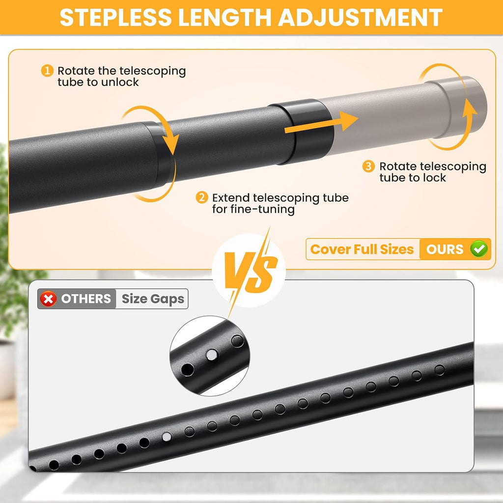 Closet Rods for Hanging Clothes, 17-53 Inch No-Cut Stepless Adjustable Closet Rod, 1.3 Inch Heavy Duty Metal Closet Hanging Rod with Brackets, Black Closet Bar for Closet, Laundry Room, RV, Wardrobes