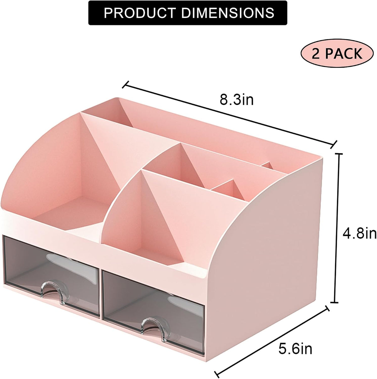Desk Organizer with 6 Compartments and 2 Drawers, Plastic Makeup Organizer, Pen Holder for Desktop Storage, Desk Organization for School, Home, Office Supplies Pink-2Pack