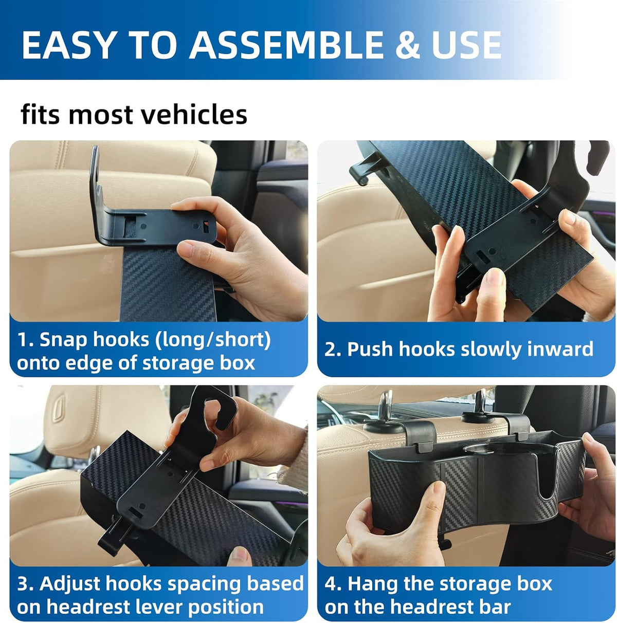 3-In-1 Car Headrest Organizer with 3.7" Cup Holder & Hooks-2Pc