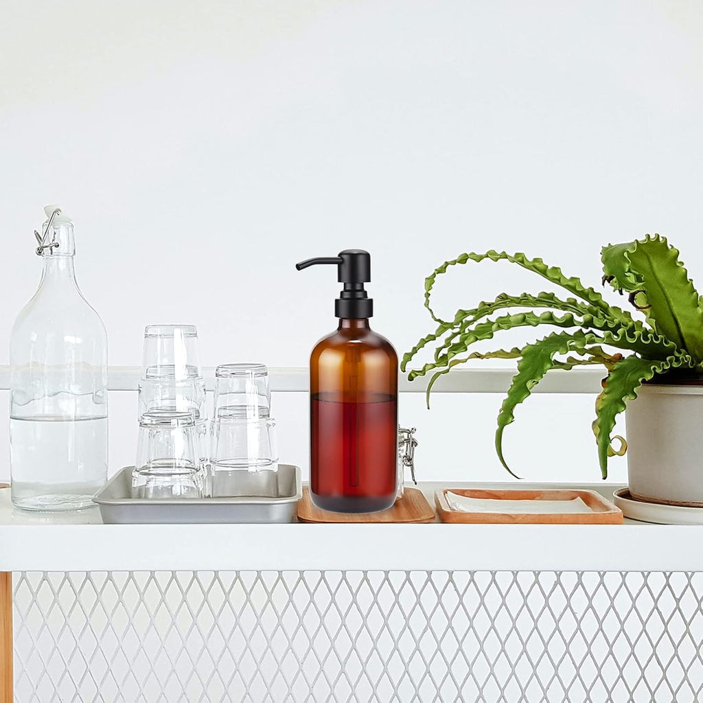 Amber Glass Soap Dispenser, 2 Pack Soap Dispenser Set with Stainless Steel Pump, Vintage Liquid Brown Soap Dispensers Bottle, 17 Oz Dish Soap and Hand Soap Dispensers for Bathroom Kitchen