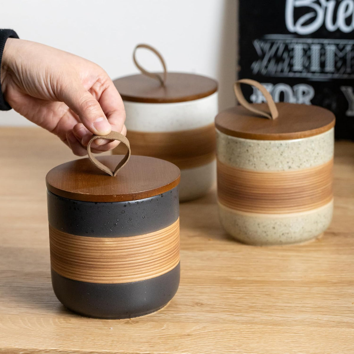 Coffee Container, Ceramic Coffee Jar with Wood Lid for Coffee Bar