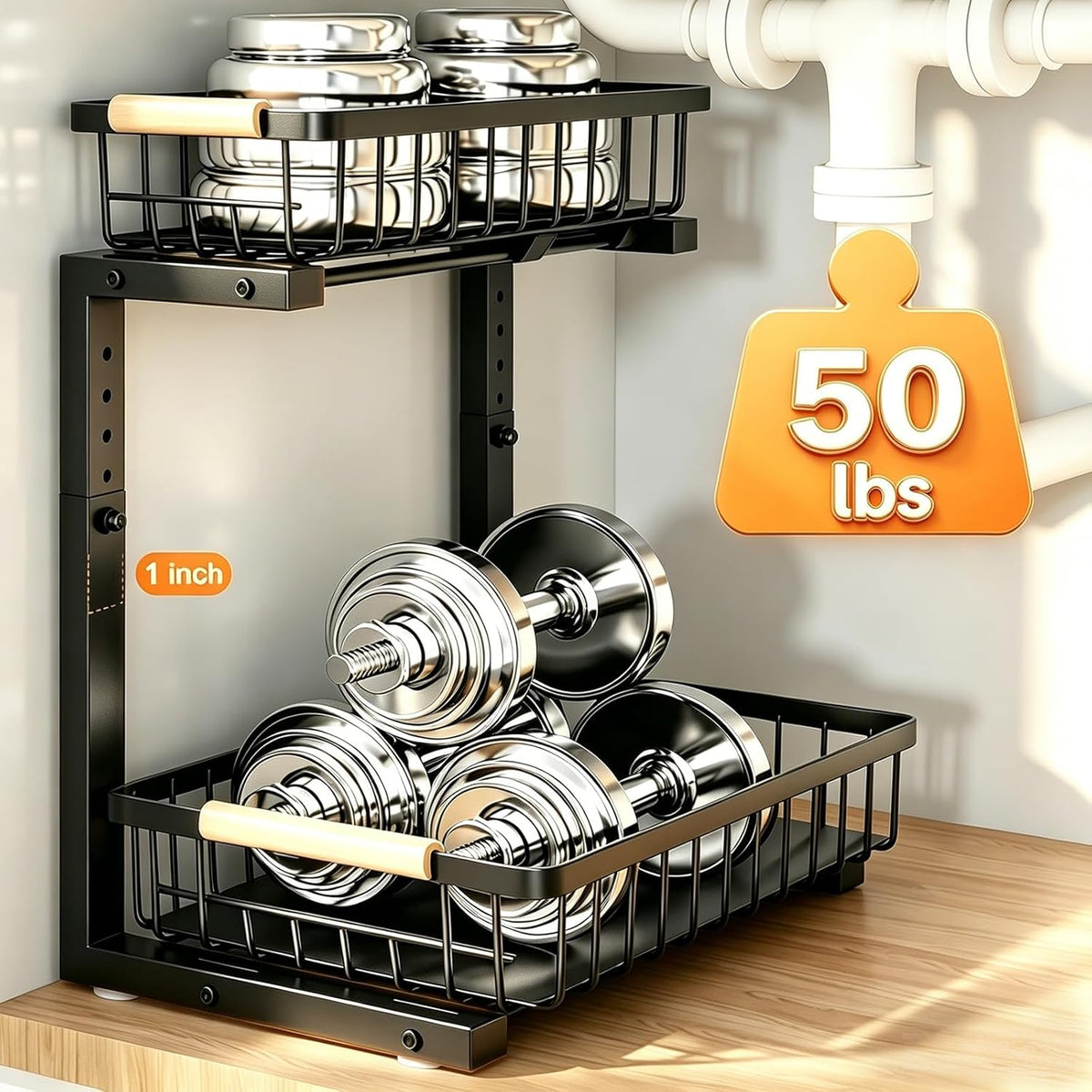 Under Sink Organizer, Adjustable 2 Tier Pull Out Kitchen Bathroom
