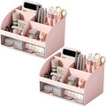 Desk Organizer with 6 Compartments and 2 Drawers, Plastic Makeup Organizer, Pen Holder for Desktop Storage, Desk Organization for School, Home, Office Supplies Pink-2Pack