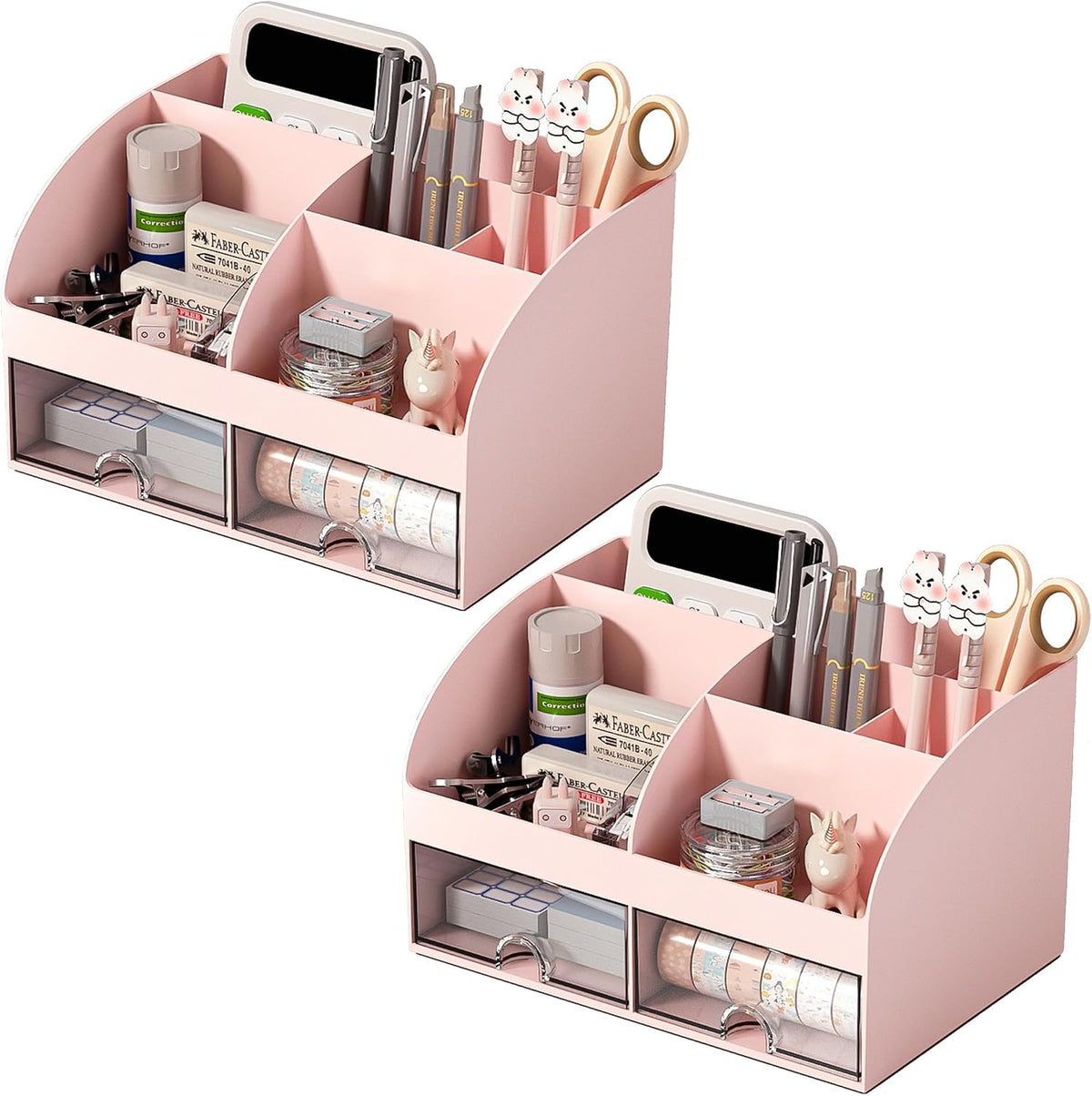 Desk Organizer with 6 Compartments and 2 Drawers, Plastic Makeup Organizer, Pen Holder for Desktop Storage, Desk Organization for School, Home, Office Supplies Pink-2Pack