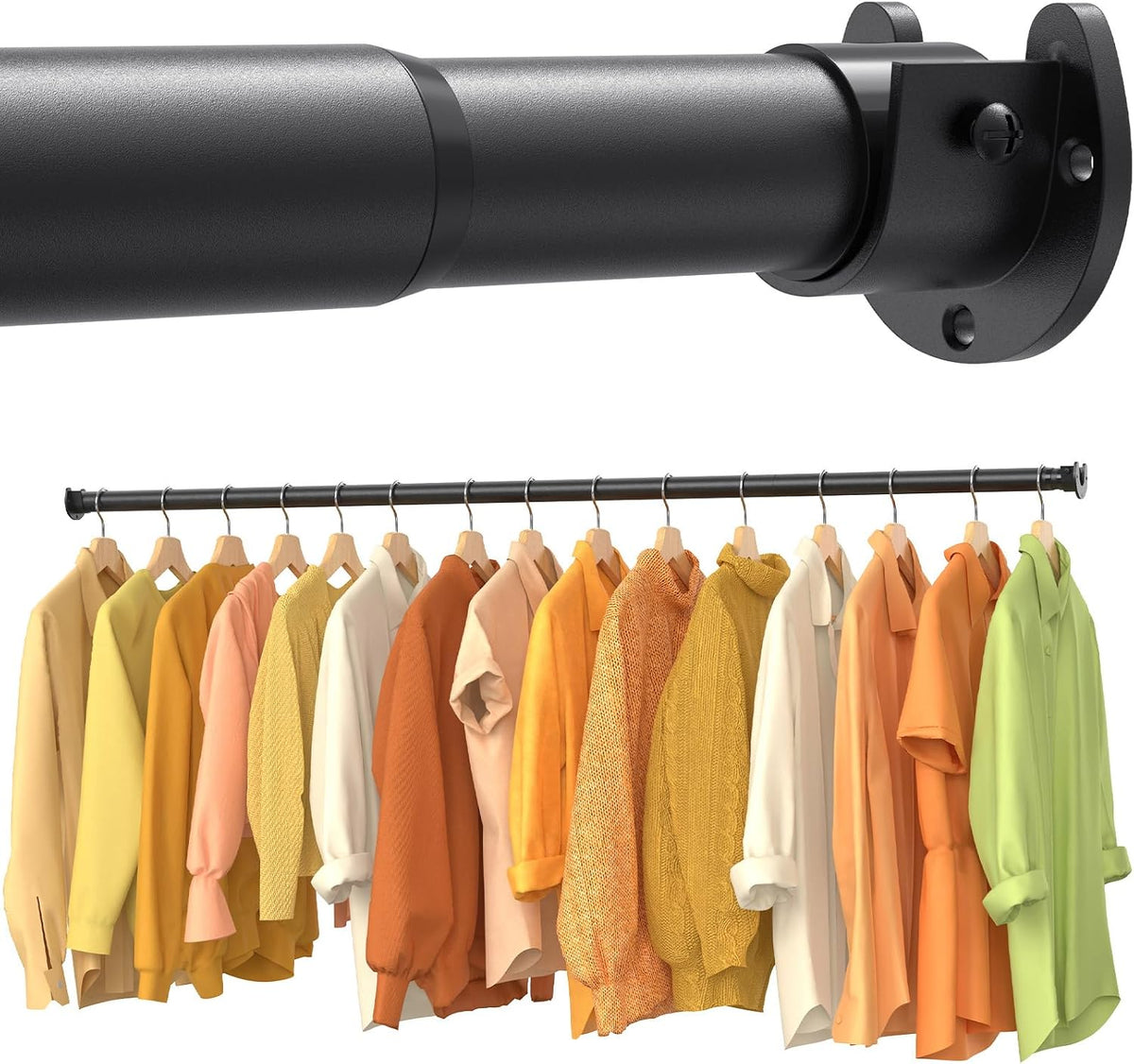 Closet Rods for Hanging Clothes, 17-53 Inch No-Cut Stepless Adjustable Closet Rod, 1.3 Inch Heavy Duty Metal Closet Hanging Rod with Brackets, Black Closet Bar for Closet, Laundry Room, RV, Wardrobes