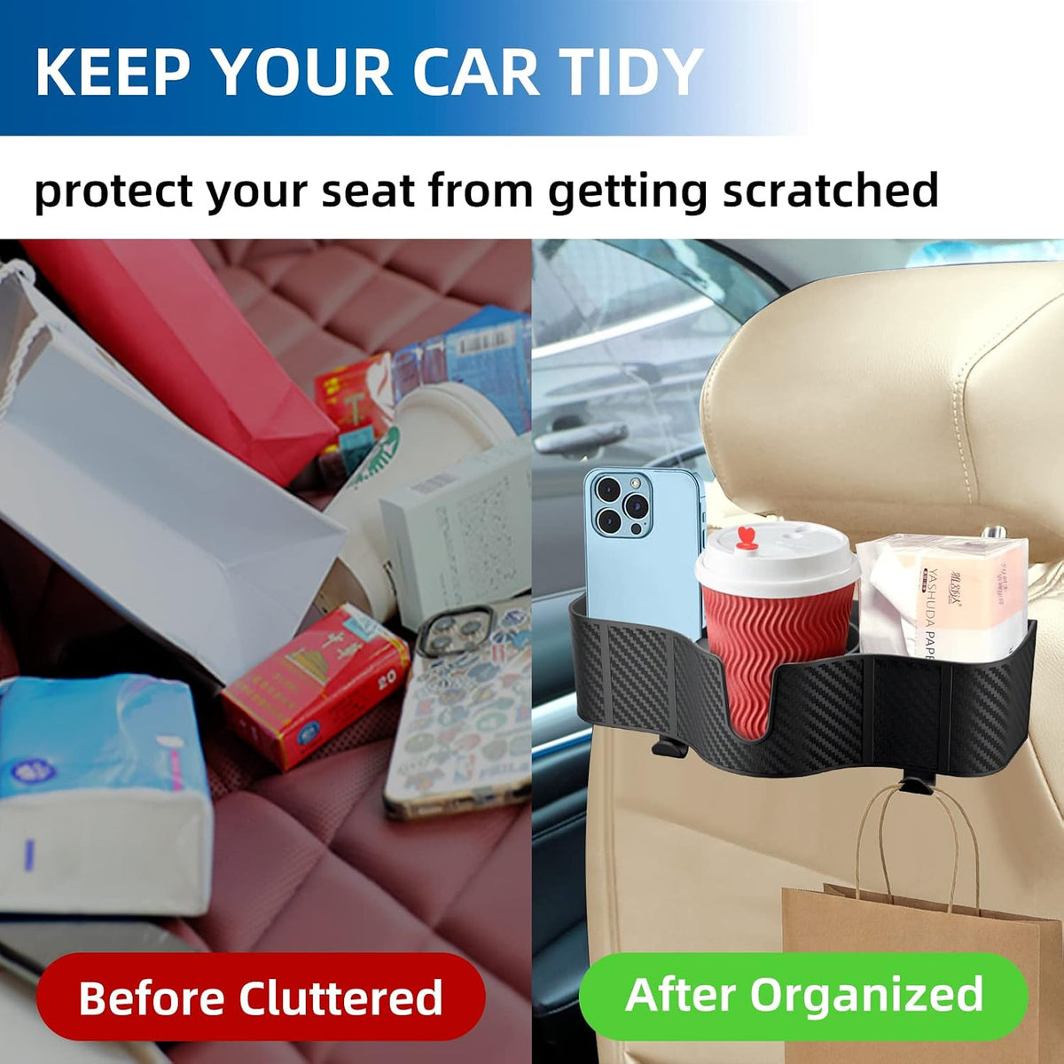 3-In-1 Car Headrest Organizer with 3.7" Cup Holder & Hooks-2Pc
