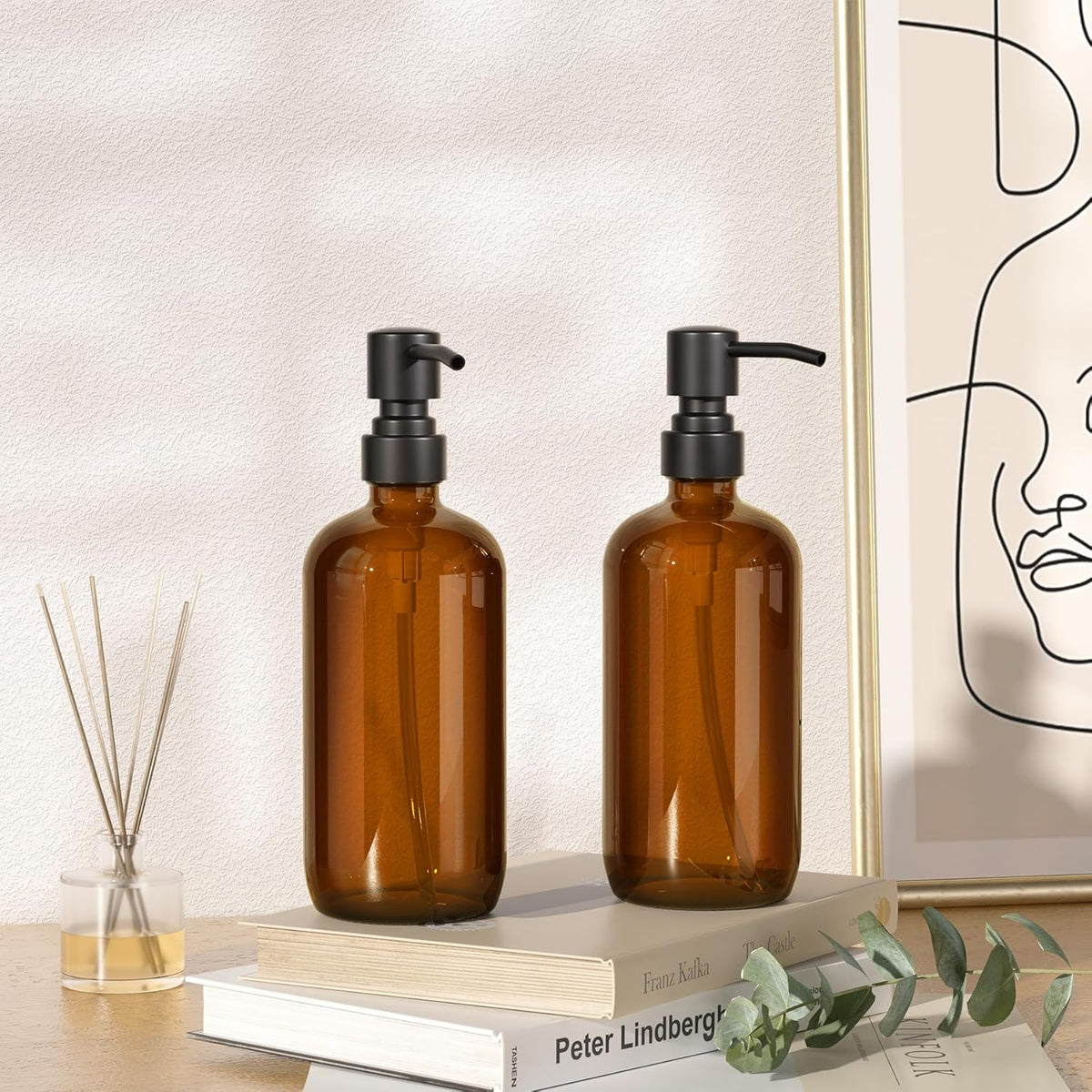 Amber Glass Soap Dispenser, 2 Pack Soap Dispenser Set with Stainless Steel Pump, Vintage Liquid Brown Soap Dispensers Bottle, 17 Oz Dish Soap and Hand Soap Dispensers for Bathroom Kitchen