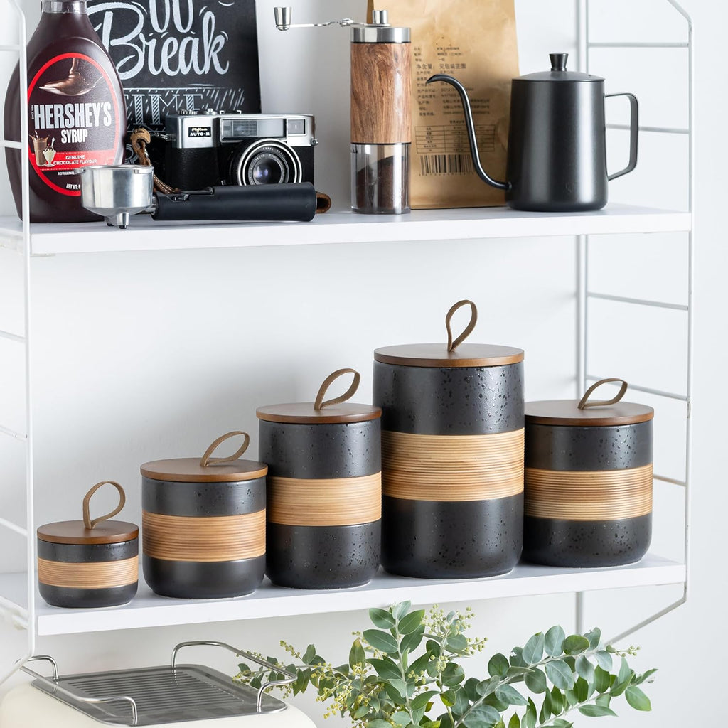 Coffee Container, Ceramic Coffee Jar with Wood Lid for Coffee Bar