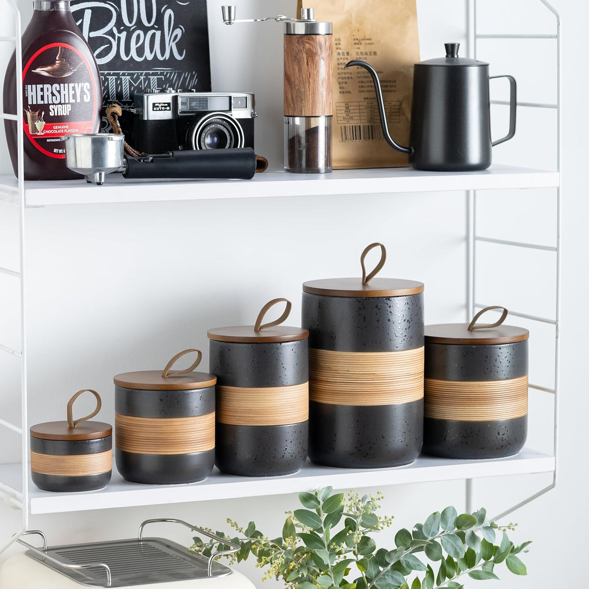 Coffee Container, Ceramic Coffee Jar with Wood Lid for Coffee Bar